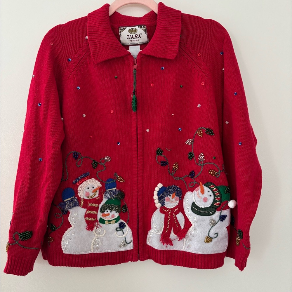Vintage Tiara Snowman Beaded Embellished Zip-Up Red Christmas Cardigan